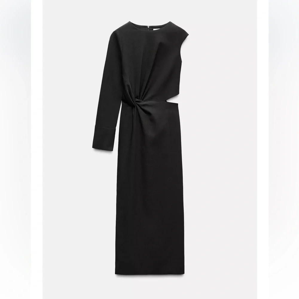 Zara Black Cut Out Midi Dress cotton blend one long sleeve Pleated knot ZW NWT - Picture 8 of 16